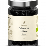 Ölkännchen Schwarze Oliven Thrumba mit Kräutern (mit Stein), GR im 180g-Glas