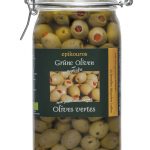 Grüne Oliven gefüllt mit rotem Paprika i.Kräuteröl